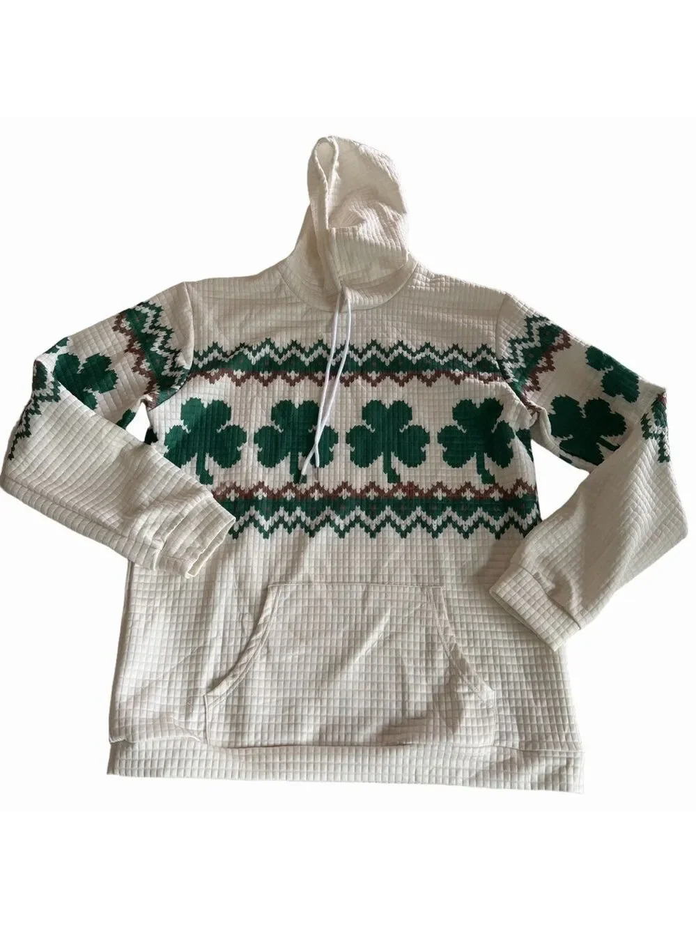 Women’s Cream and Green Shamrock Pullover Crewneck Long Sleeve Top Size XL